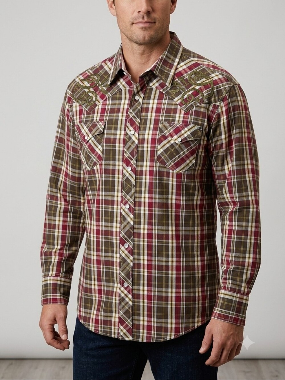 ​Roper Mens 2XL Plaid Pearl Snap Western Shirt Embroidered Yoke Red Brown